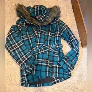 rue21 Teal and Black Plaid Hooded Coat